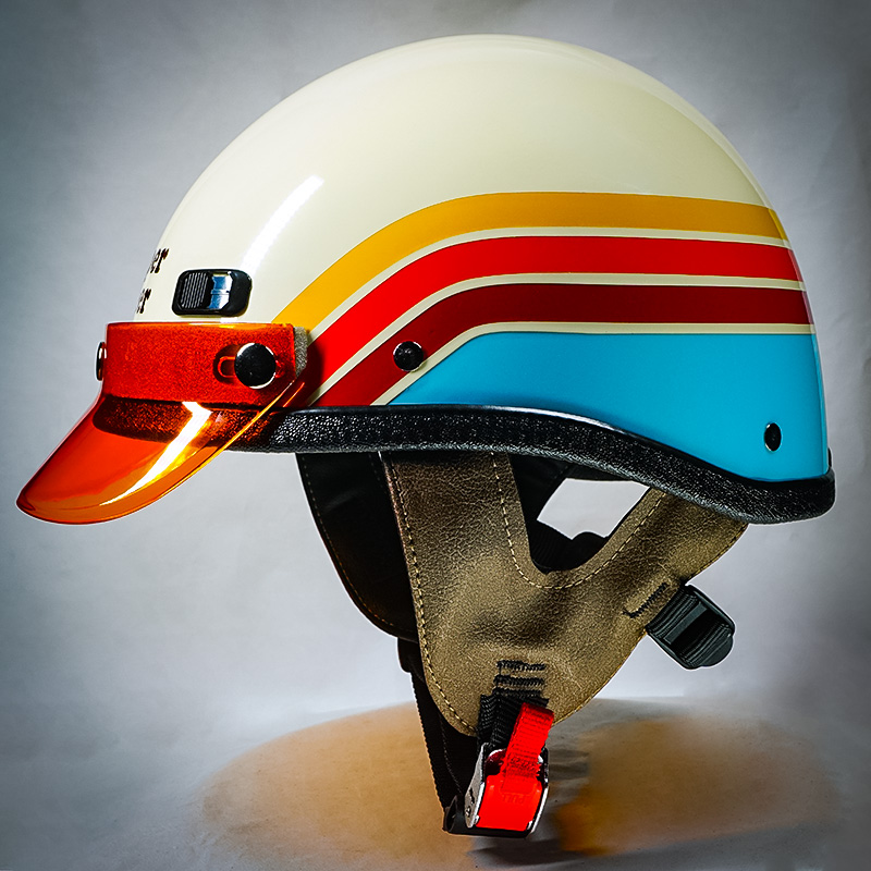Super Seer S2102 Desert Baja retro stripe half shell motorcycle helmet with warm ivory shell, sunset stripes, Baja blue band, and amber visor