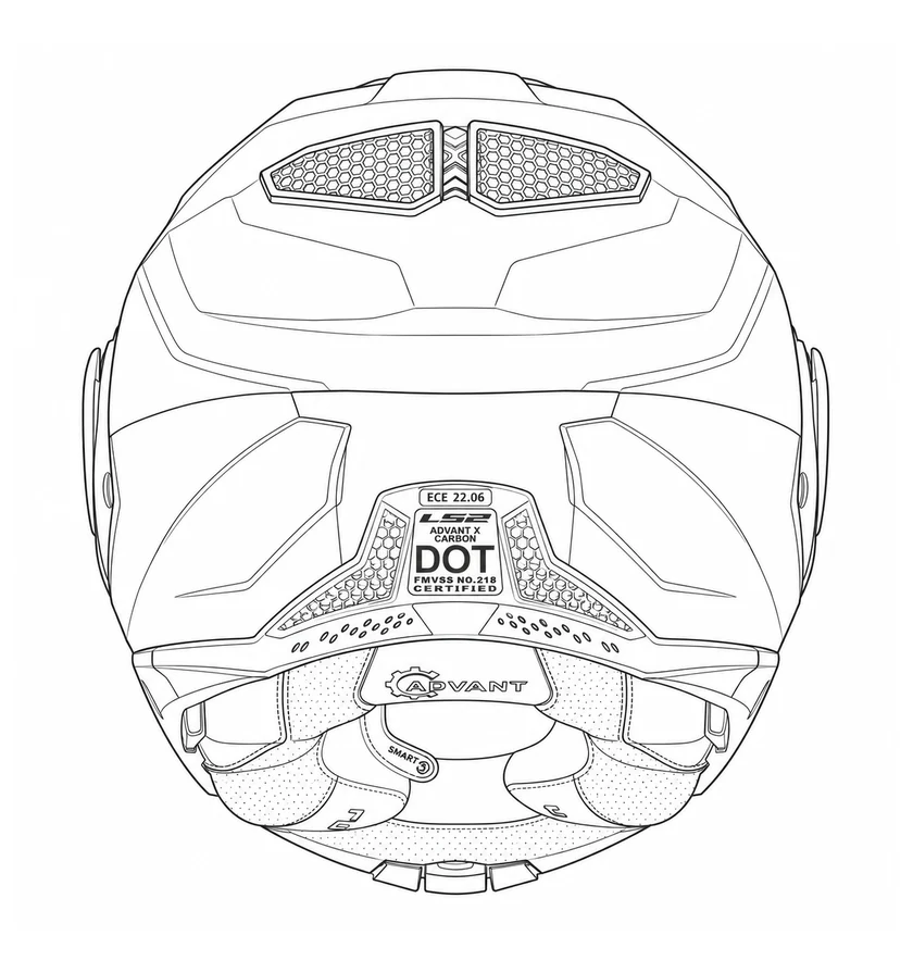Rear view technical coloring outline of an LS2 Advant X Carbon helmet