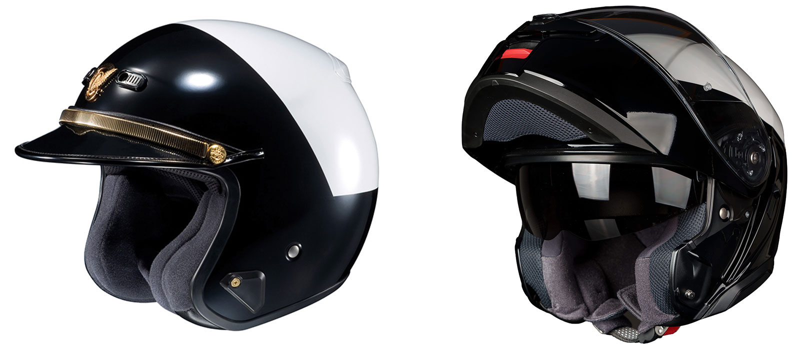 Shoei Neotec 3 LE Modular and Shoei RJ Platinum LE Open Face police helmets side by side